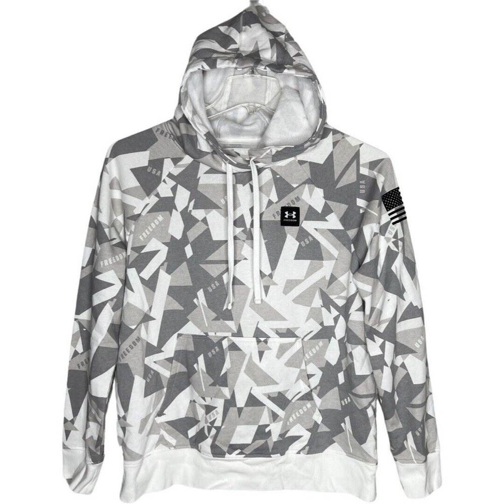 Under Armour Shirt Womens Large White Gray Freedom‎ Rival Amp Hoodie Sweatshirt